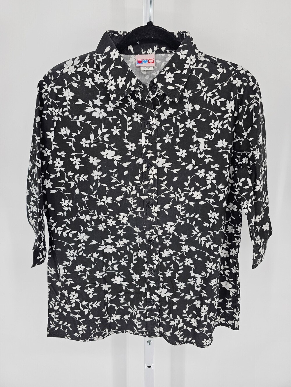 American Sweetheart Womens Sz S 3/4 Sleeve Button Up Shirt Black White Floral